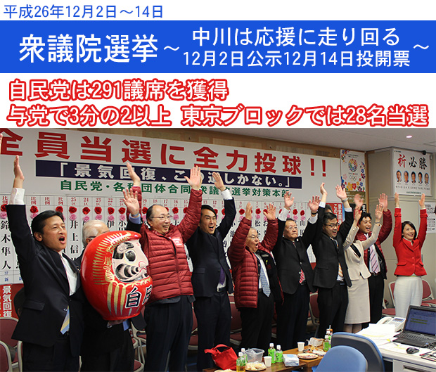 衆議院選挙が12月2日公示､12月14日投開票で行われ､自民党は291議席を獲得､東京ブロックでは28名当選。中川は応援に走り回る。